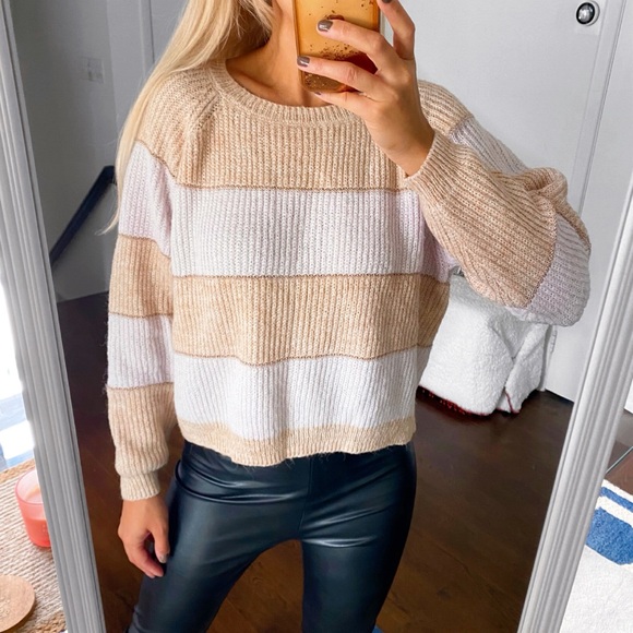 🍂 ONLY IVORY TAN METALLIC STRIPE CHUNKY KNIT SWEATER! - Picture 5 of 16
